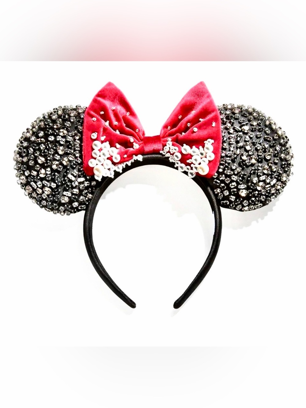 Disney Minnie Mouse Ears Headband Classic Crystal Velvet & Pearls Headband